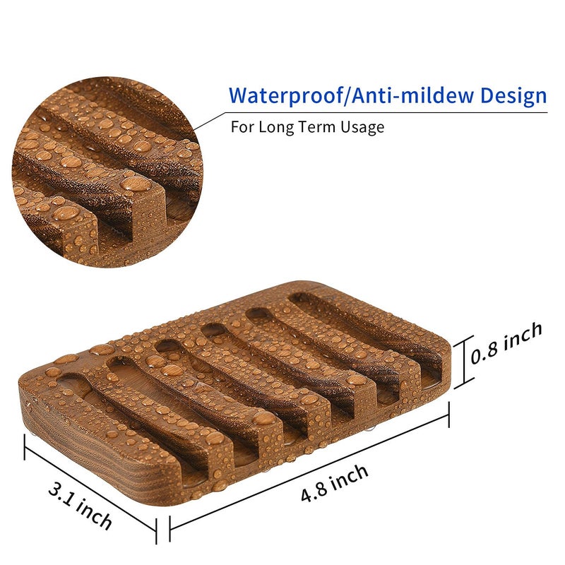 SUBEKYU Wooden Soap Dishes for Bathroom/Shower, Bar Soap Holder with Self Draining Tray, Natural Waterfall Drain Soap Saver, Teak (2P) - Image 4